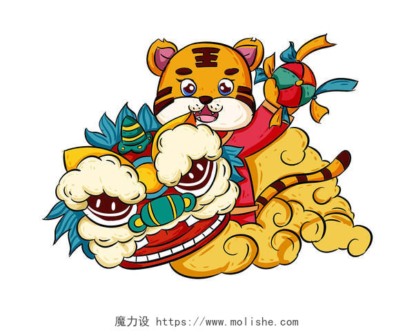彩色手绘国潮古风中国风老虎舞狮新年虎年元素PNG素材
